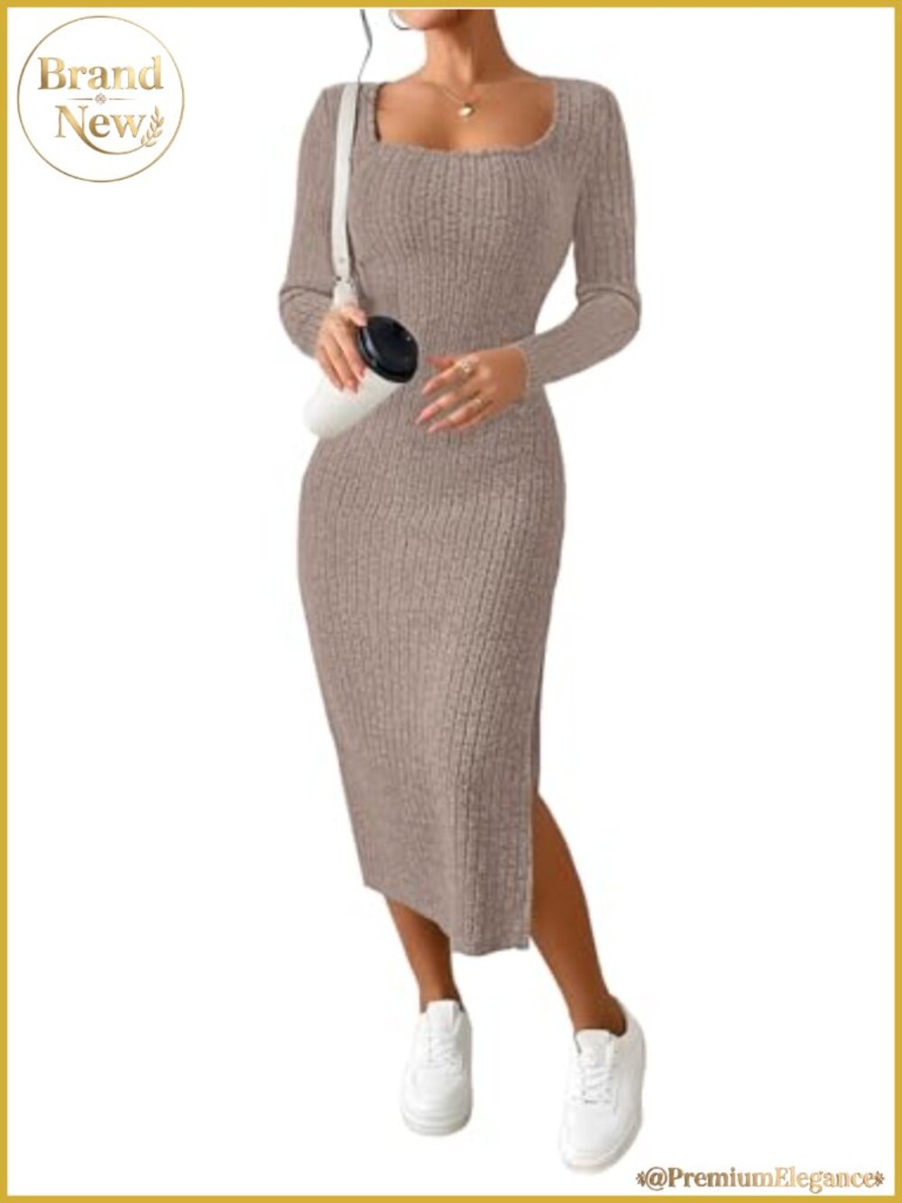 Womens Midi Dress Square Neck Long Sleeve Knitted Bodycon Slit Casual